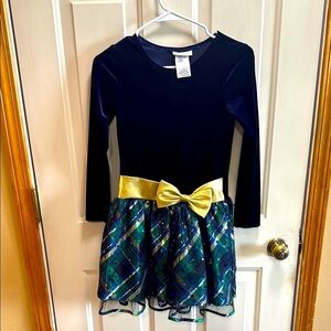 Bonnie Jean Navy Blue Velvet Dress with Gold Bow and Plaid Sequin Skirt size 12